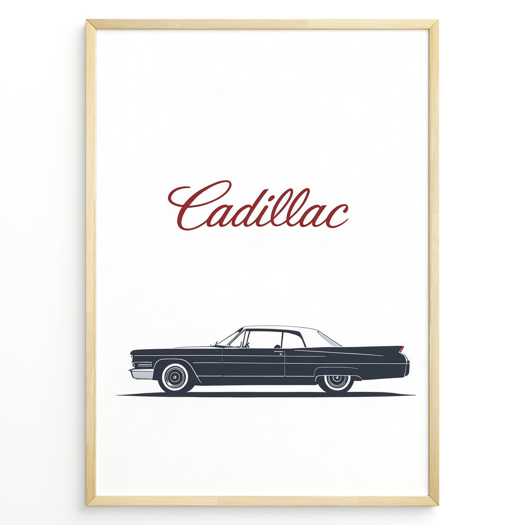 Minimalist side profile illustration of a classic Cadillac car with “Cadillac” text above in a framed poster.