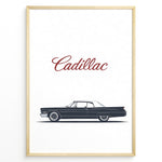 Load image into Gallery viewer, Minimalist side profile illustration of a classic Cadillac car with “Cadillac” text above in a framed poster.
