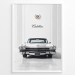 Load image into Gallery viewer, Front-view illustration of a classic Cadillac car set in an elegant interior with Cadillac emblem above.
