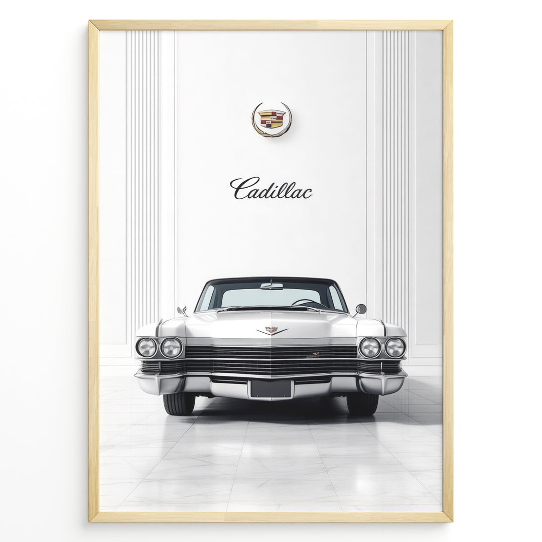 Front-view illustration of a classic Cadillac car set in an elegant interior with Cadillac emblem above.