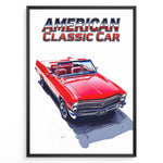 Load image into Gallery viewer, Illustration of a red American classic convertible car with “American Classic Car” text above in a framed poster.
