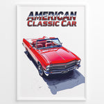 Load image into Gallery viewer, Illustration of a red American classic convertible car with “American Classic Car” text above in a framed poster.
