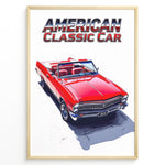 Load image into Gallery viewer, Illustration of a red American classic convertible car with “American Classic Car” text above in a framed poster.

