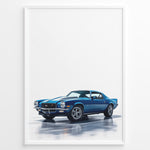 Load image into Gallery viewer, Illustration of a blue classic muscle car with dual white stripes in a minimalist framed poster.
