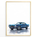 Load image into Gallery viewer, Illustration of a blue classic muscle car with dual white stripes in a minimalist framed poster.
