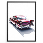 Load image into Gallery viewer, Rear-view illustration of a classic red vintage car in a minimalist framed poster.
