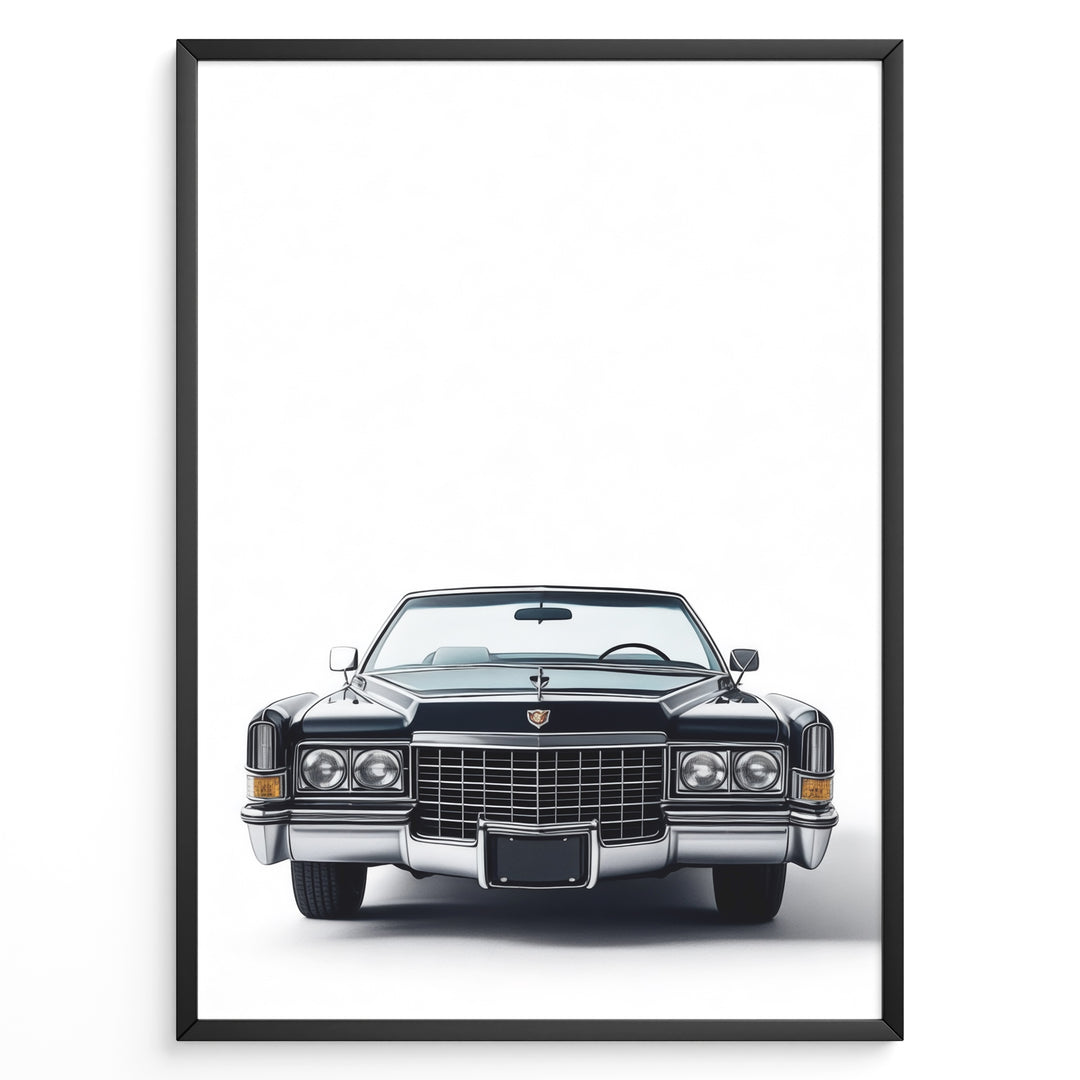 Front-facing illustration of a classic black vintage convertible car in a minimalist framed poster.