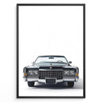 Load image into Gallery viewer, Front-facing illustration of a classic black vintage convertible car in a minimalist framed poster.
