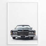 Load image into Gallery viewer, Front-facing illustration of a classic black vintage convertible car in a minimalist framed poster.

