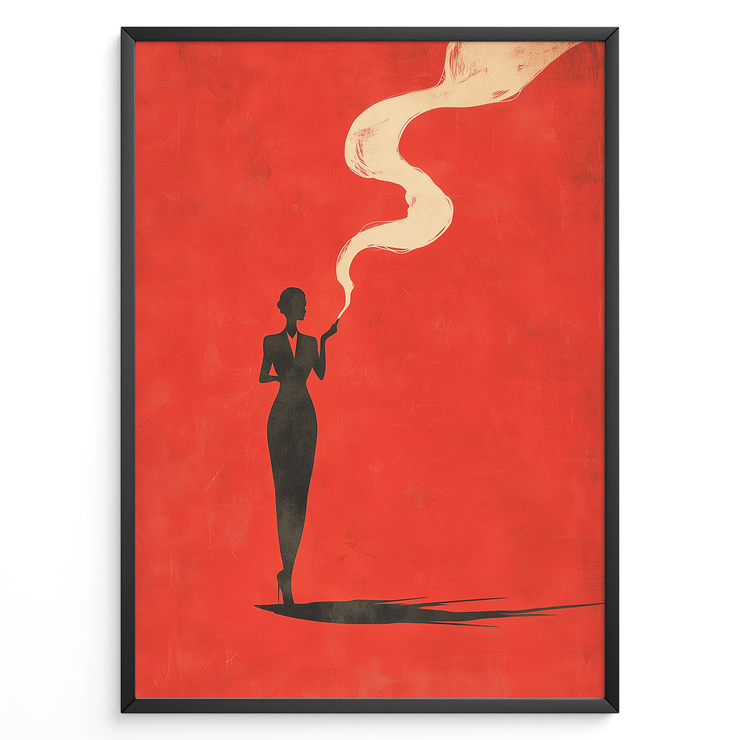Minimalist poster showing a dark silhouette of a woman smoking with swirling smoke on a bold red background, framed as retro modern wall art.