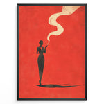 Load image into Gallery viewer, Minimalist poster showing a dark silhouette of a woman smoking with swirling smoke on a bold red background, framed as retro modern wall art.
