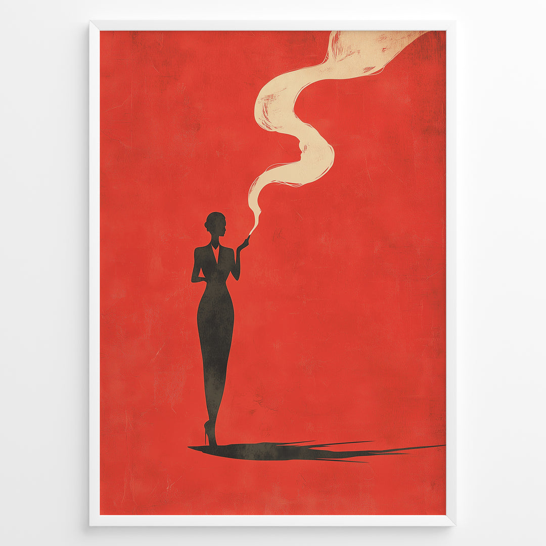 Minimalist poster showing a dark silhouette of a woman smoking with swirling smoke on a bold red background, framed as retro modern wall art.