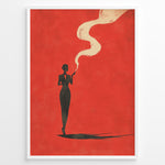 Load image into Gallery viewer, Minimalist poster showing a dark silhouette of a woman smoking with swirling smoke on a bold red background, framed as retro modern wall art.
