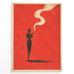 Load image into Gallery viewer, Minimalist poster showing a dark silhouette of a woman smoking with swirling smoke on a bold red background, framed as retro modern wall art.
