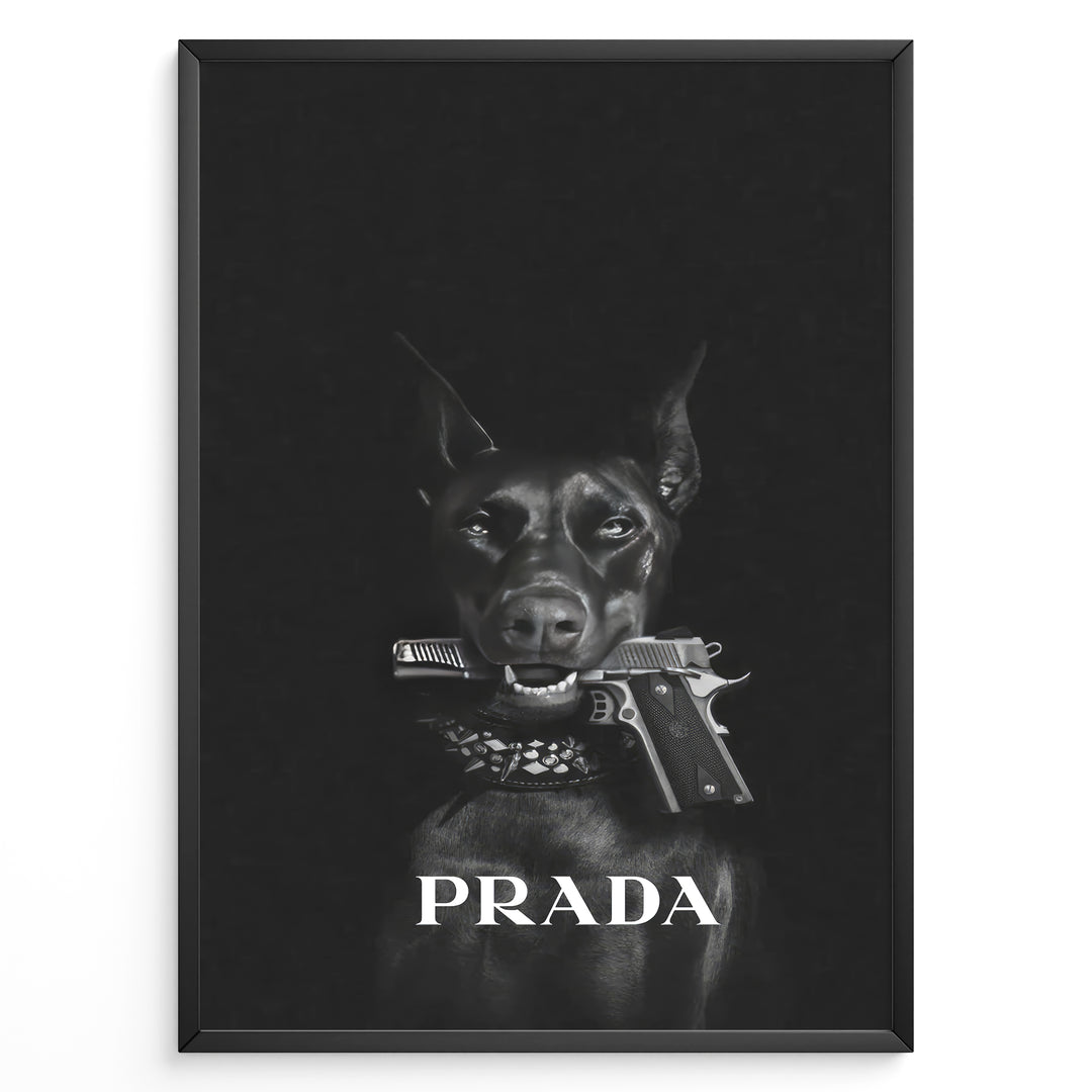 Fashion Plakat | Prada-Inspired Art Featuring Fierce Dog with Gun Plakaty.dk | Black Doberman with a studded collar holding a handgun in its mouth, set against a dark background with the word "PRADA" in bold white text.