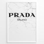 Load image into Gallery viewer, Fashion Plakat | Prada Milano Logo on Marble – Minimalist Fashion Art Print Plakaty.dk | Minimalist poster featuring the Prada Milano logo in bold black text over a white marble background with fine gray veining.

