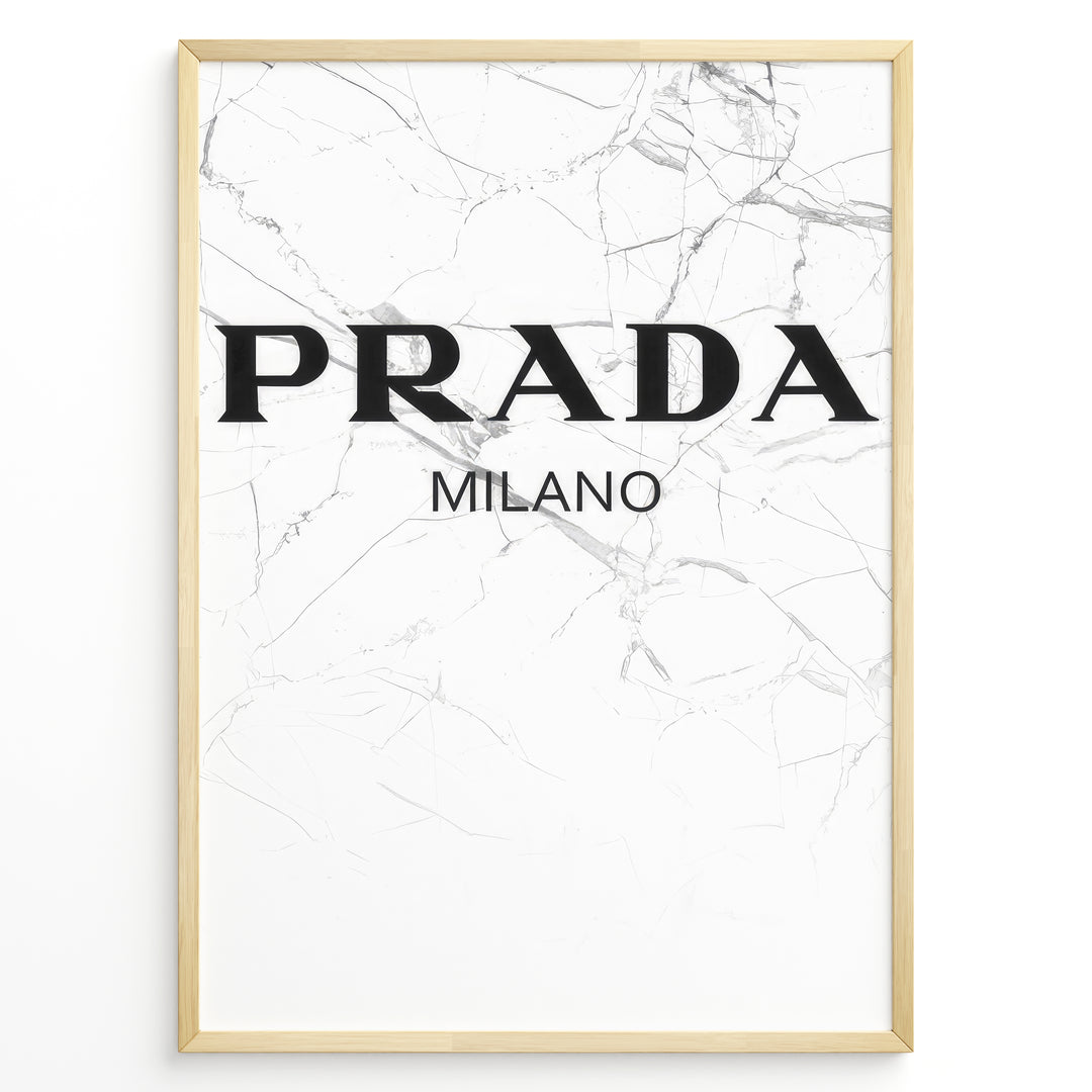 Fashion Plakat | Prada Milano Logo on Marble – Minimalist Fashion Art Print Plakaty.dk | Minimalist poster featuring the Prada Milano logo in bold black text over a white marble background with fine gray veining.