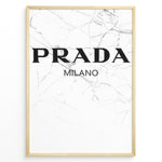 Load image into Gallery viewer, Fashion Plakat | Prada Milano Logo on Marble – Minimalist Fashion Art Print Plakaty.dk | Minimalist poster featuring the Prada Milano logo in bold black text over a white marble background with fine gray veining.

