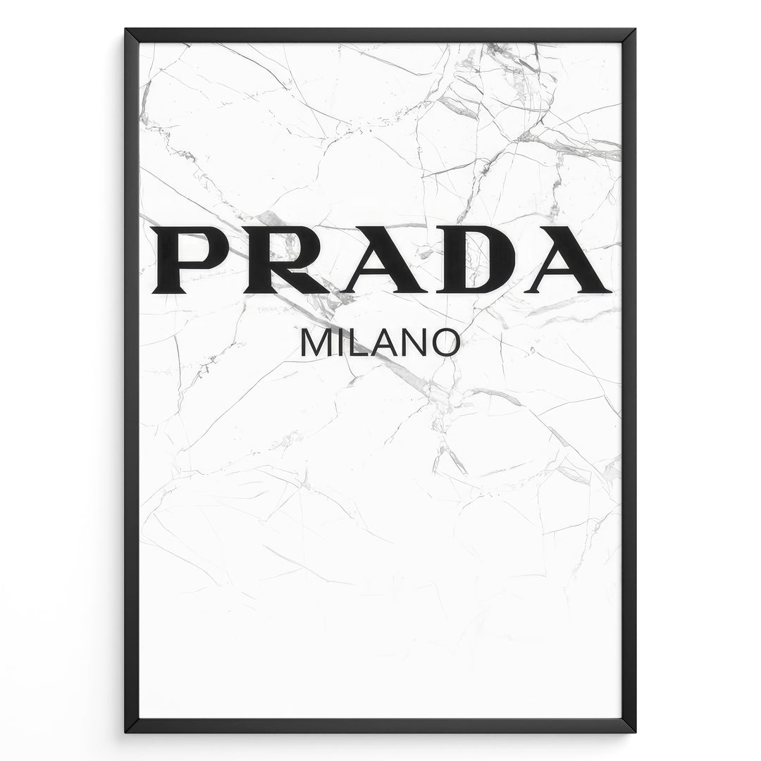 Fashion Plakat | Prada Milano Logo on Marble – Minimalist Fashion Art Print Plakaty.dk | Minimalist poster featuring the Prada Milano logo in bold black text over a white marble background with fine gray veining.
