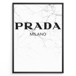 Load image into Gallery viewer, Fashion Plakat | Prada Milano Logo on Marble – Minimalist Fashion Art Print Plakaty.dk | Minimalist poster featuring the Prada Milano logo in bold black text over a white marble background with fine gray veining.
