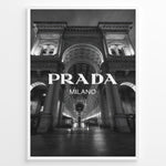Load image into Gallery viewer, Fashion Plakat | Prada Milano at Galleria Vittorio Emanuele II – Black and White Fashion &amp; Architecture Photography Plakaty.dk | Black and white photo of the Prada Milano store at Galleria Vittorio Emanuele II in Milan, Italy, with grand architecture and night lighting
