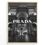Load image into Gallery viewer, Fashion Plakat | Prada Milano at Galleria Vittorio Emanuele II – Black and White Fashion &amp; Architecture Photography Plakaty.dk | Black and white photo of the Prada Milano store at Galleria Vittorio Emanuele II in Milan, Italy, with grand architecture and night lighting
