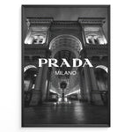 Load image into Gallery viewer, Fashion Plakat | Prada Milano at Galleria Vittorio Emanuele II – Black and White Fashion &amp; Architecture Photography Plakaty.dk | Black and white photo of the Prada Milano store at Galleria Vittorio Emanuele II in Milan, Italy, with grand architecture and night lighting
