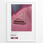 Load image into Gallery viewer, Fashion Plakat | Prada Pink Nylon Detail – Milan Fashion Poster Plakaty.dk | Close-up of Prada triangle logo on pink nylon fabric, highlighting Milanese fashion luxury in bold magenta tones.

