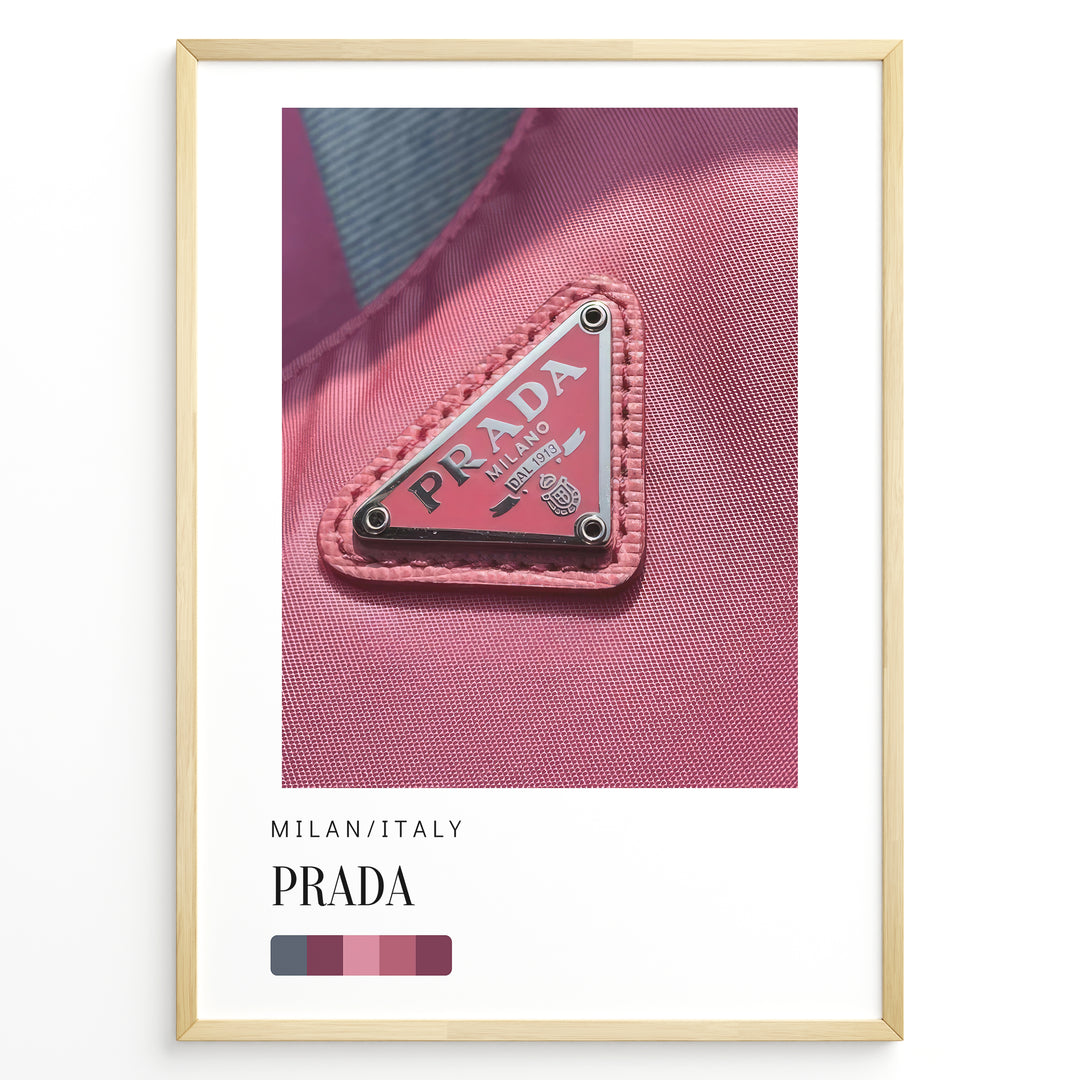 Fashion Plakat | Prada Pink Nylon Detail – Milan Fashion Poster Plakaty.dk | Close-up of Prada triangle logo on pink nylon fabric, highlighting Milanese fashion luxury in bold magenta tones.