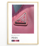 Load image into Gallery viewer, Fashion Plakat | Prada Pink Nylon Detail – Milan Fashion Poster Plakaty.dk | Close-up of Prada triangle logo on pink nylon fabric, highlighting Milanese fashion luxury in bold magenta tones.
