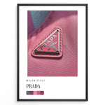Load image into Gallery viewer, Fashion Plakat | Prada Pink Nylon Detail – Milan Fashion Poster Plakaty.dk | Close-up of Prada triangle logo on pink nylon fabric, highlighting Milanese fashion luxury in bold magenta tones.
