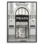 Load image into Gallery viewer, Fashion Plakat | Prada Storefront Wall Art – Italian Luxury Boutique Print Plakaty.dk | Black and white photo of the Prada Milano storefront with arched windows and detailed classical architecture.
