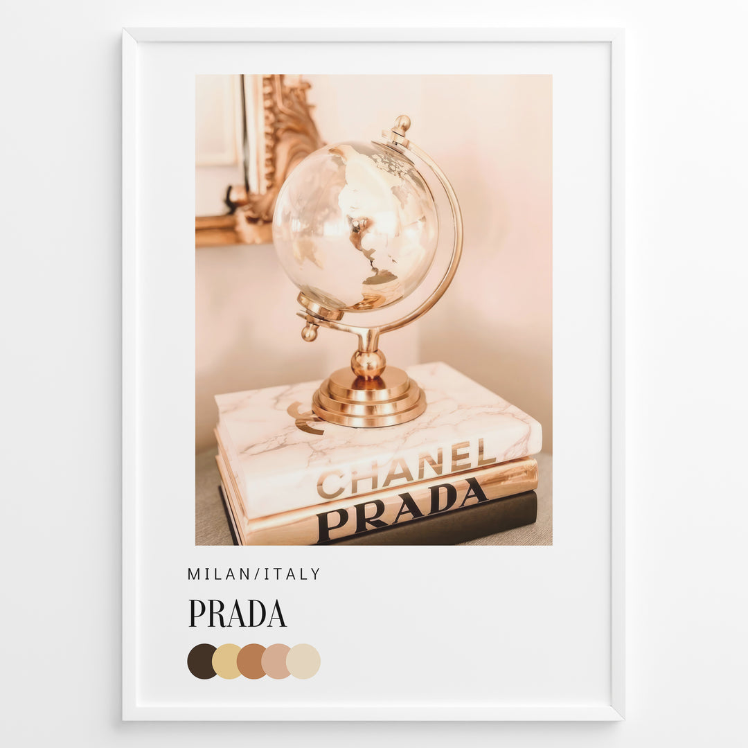 Fashion Plakat | Prada Worldview – Golden Globe & Fashion Books Poster Plakaty.dk | Would you like a cohesive series name and catalog description tying this together with the other pastel-toned fashion posters? I can help create a title and blurb for the full set.
