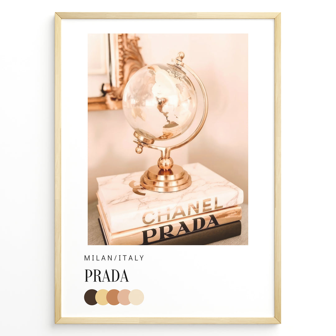 Fashion Plakat | Prada Worldview – Golden Globe & Fashion Books Poster Plakaty.dk | Would you like a cohesive series name and catalog description tying this together with the other pastel-toned fashion posters? I can help create a title and blurb for the full set.
