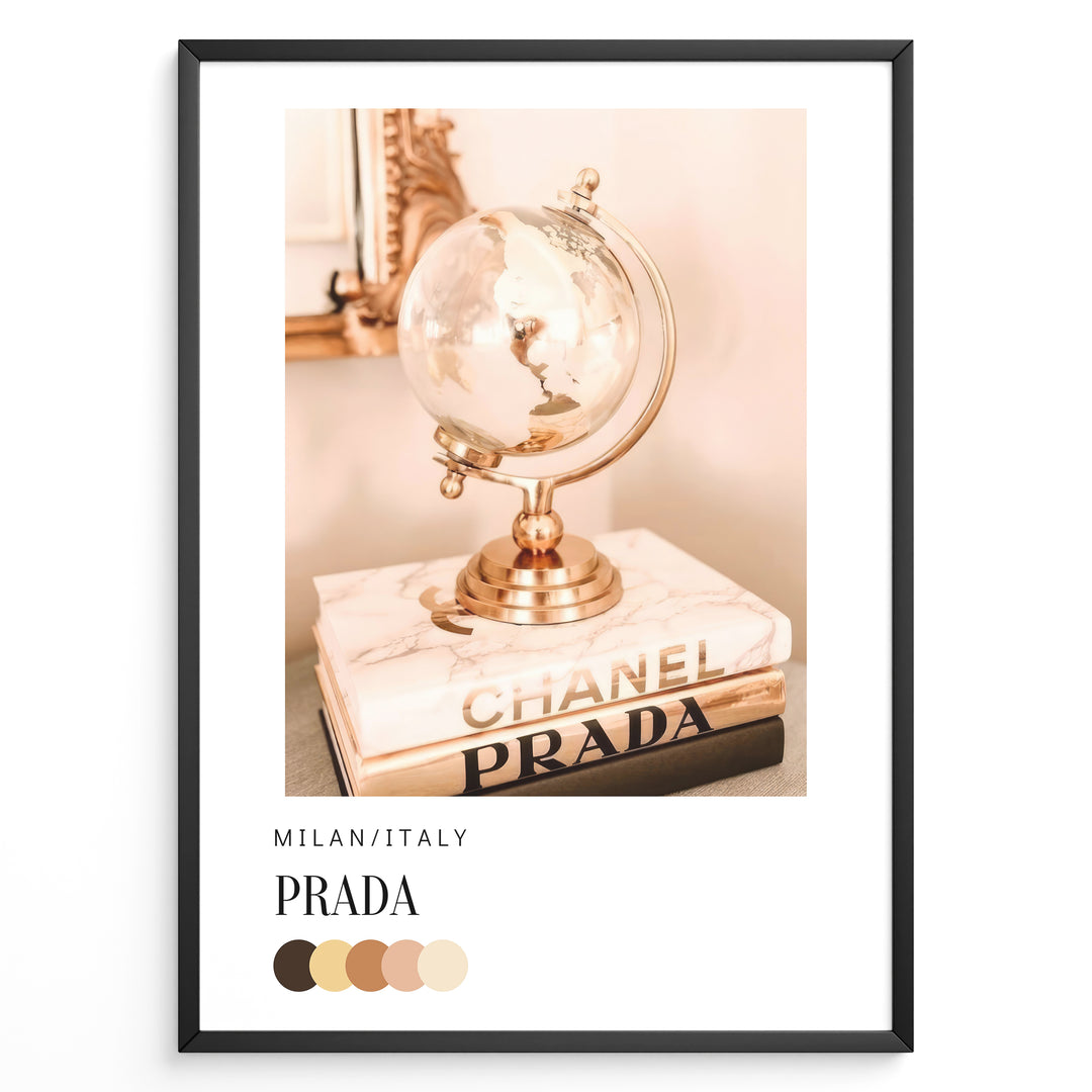 Fashion Plakat | Prada Worldview – Golden Globe & Fashion Books Poster Plakaty.dk | Would you like a cohesive series name and catalog description tying this together with the other pastel-toned fashion posters? I can help create a title and blurb for the full set.