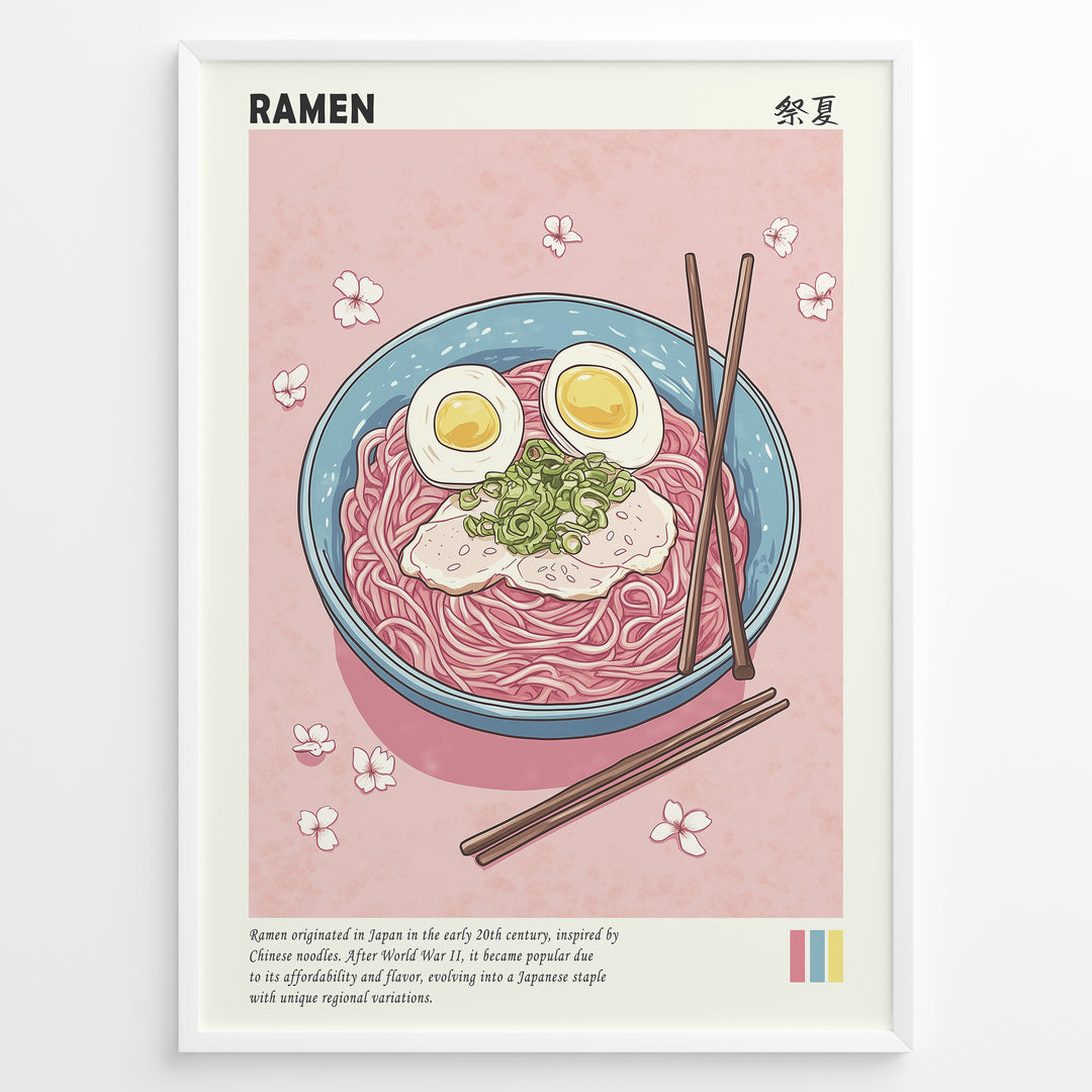 Japanske plakater | Illustrated poster of a bowl of ramen with eggs, pork, and scallions on a pink background with cherry blossom petals and chopsticks.
