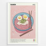 Load image into Gallery viewer, Japanske plakater | Illustrated poster of a bowl of ramen with eggs, pork, and scallions on a pink background with cherry blossom petals and chopsticks.
