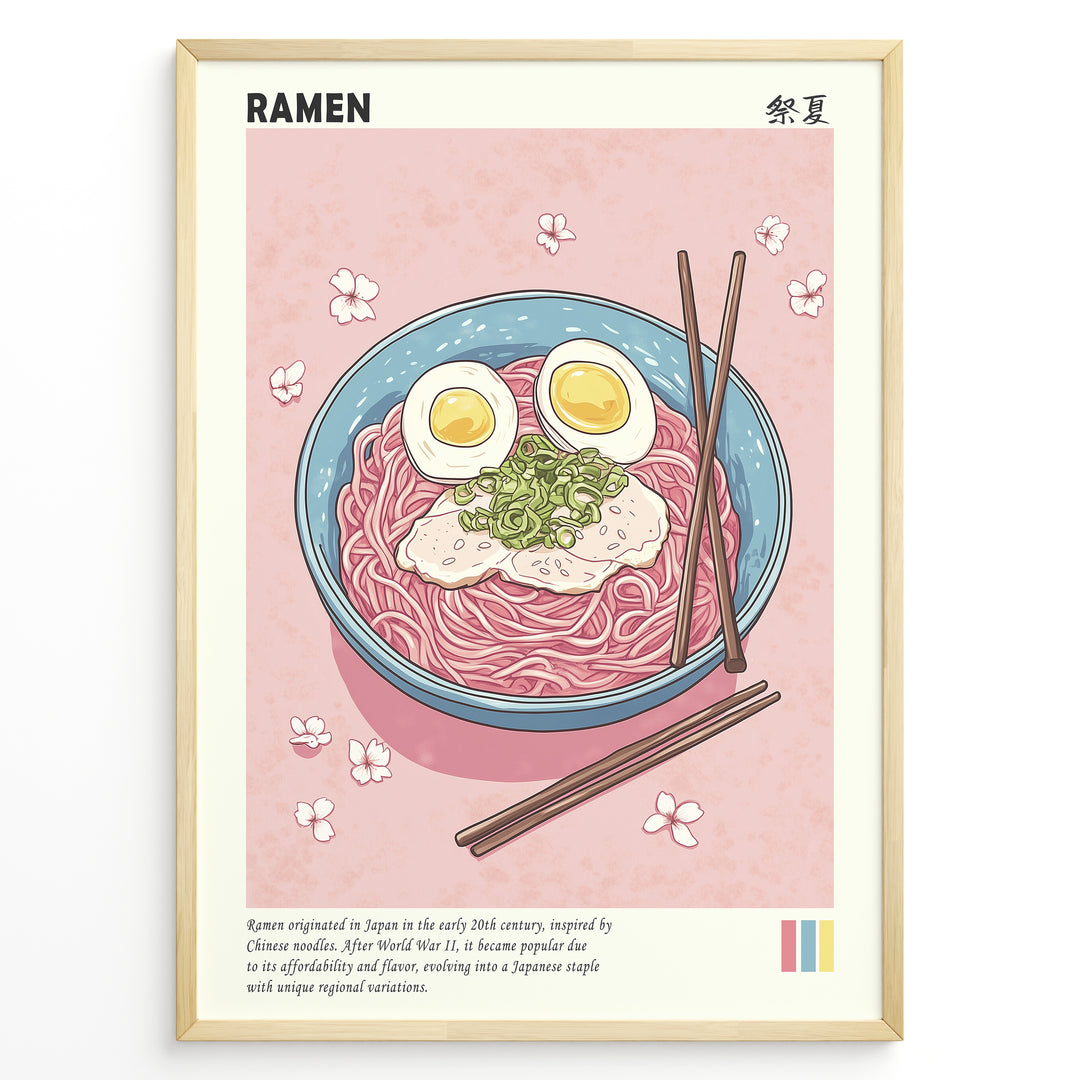Japanske plakater | Illustrated poster of a bowl of ramen with eggs, pork, and scallions on a pink background with cherry blossom petals and chopsticks.
