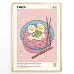 Load image into Gallery viewer, Japanske plakater | Illustrated poster of a bowl of ramen with eggs, pork, and scallions on a pink background with cherry blossom petals and chopsticks.
