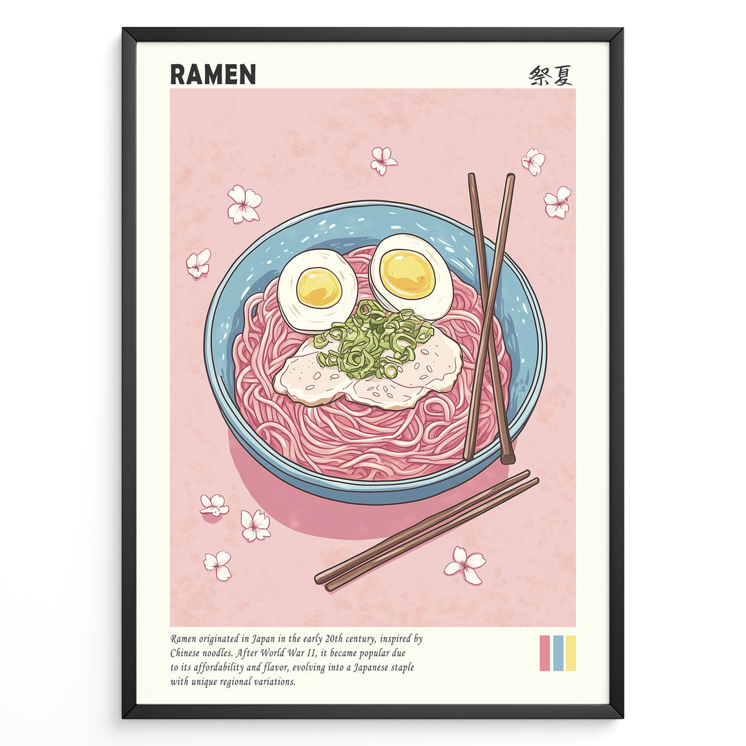 Japanske plakater | Illustrated poster of a bowl of ramen with eggs, pork, and scallions on a pink background with cherry blossom petals and chopsticks.