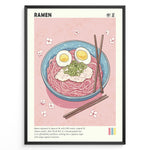 Load image into Gallery viewer, Japanske plakater | Illustrated poster of a bowl of ramen with eggs, pork, and scallions on a pink background with cherry blossom petals and chopsticks.
