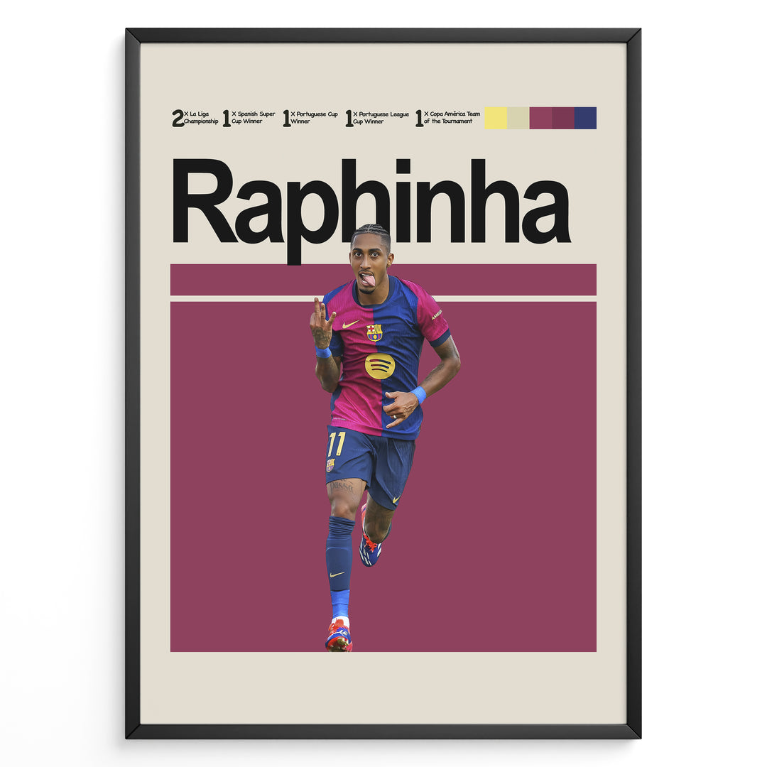 Raphinha fodbold plakat | FC Barcelona trøje i rød og blå med jubelgestus – perfekt til fans af herrefodbold og Camp Nou-magi