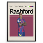 Load image into Gallery viewer, Marcus Rashford fodbold plakat i FC Barcelona trøje med armene over kors og stilrent baggrundsdesign i røde og blå nuancer.
