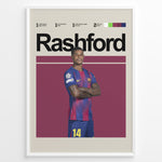 Load image into Gallery viewer, Marcus Rashford fodbold plakat i FC Barcelona trøje med armene over kors og stilrent baggrundsdesign i røde og blå nuancer.
