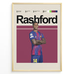 Load image into Gallery viewer, Marcus Rashford fodbold plakat i FC Barcelona trøje med armene over kors og stilrent baggrundsdesign i røde og blå nuancer.
