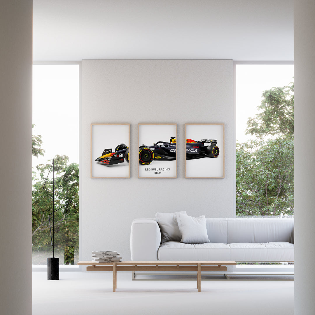 Triptych wall art plakat of the Red Bull Racing RB20 Formula 1 car displayed in a contemporary living room with a black leather sofa and modern furnishings.