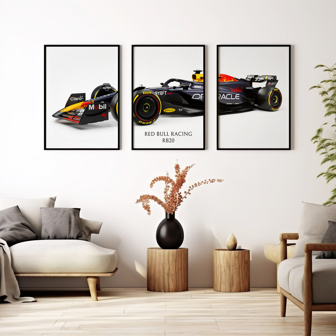Triptych wall art plakat of the Red Bull Racing RB20 Formula 1 car displayed in a contemporary living room with a black leather sofa and modern furnishings.