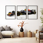 Load image into Gallery viewer, Triptych wall art plakat of the Red Bull Racing RB20 Formula 1 car displayed in a contemporary living room with a black leather sofa and modern furnishings.
