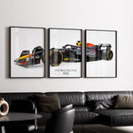 Load image into Gallery viewer, Triptych wall art plakat of the Red Bull Racing RB20 Formula 1 car displayed in a contemporary living room with a black leather sofa and modern furnishings.
