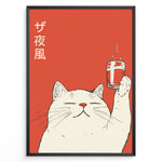 Load image into Gallery viewer, Retro Japanese-style poster of a smiling white cat raising a glass of drink against a red background with Japanese text, framed as cute modern wall art.
